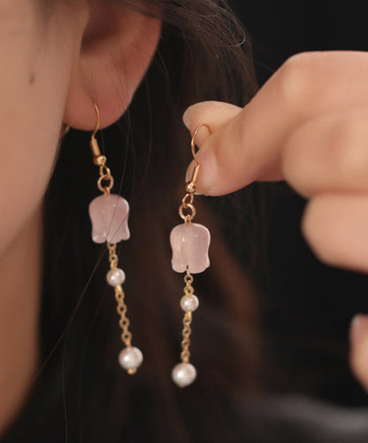 Pink Copper Overgild Crystal Pearl Lily of the Valley Tassel Drop Earrings