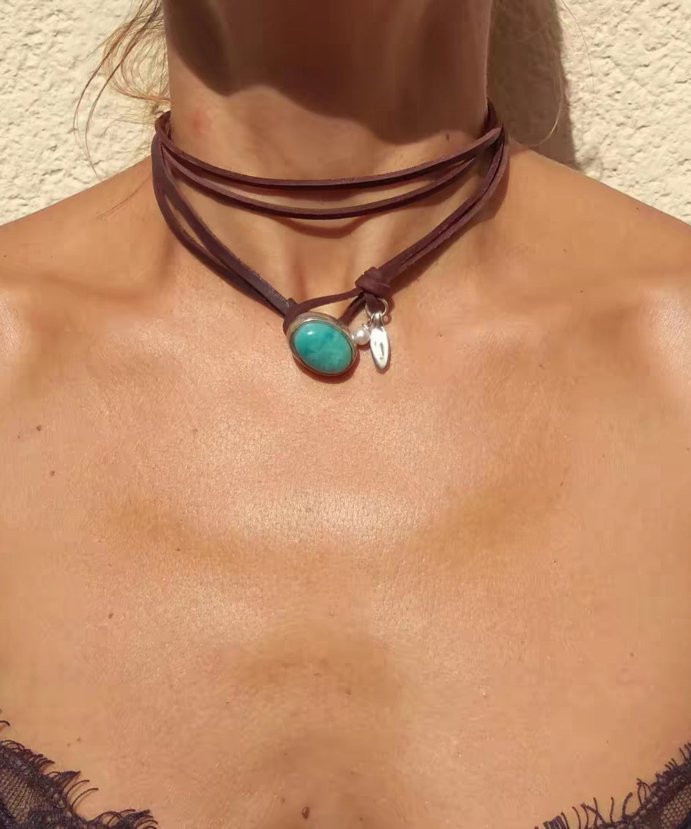Brown Leather Turquoise Pearl Necklace