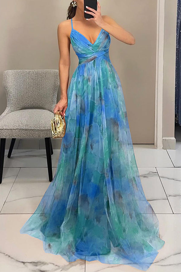 Giselle Tulle Render Print Cutout Waist Back Lace-up Maxi Dress
