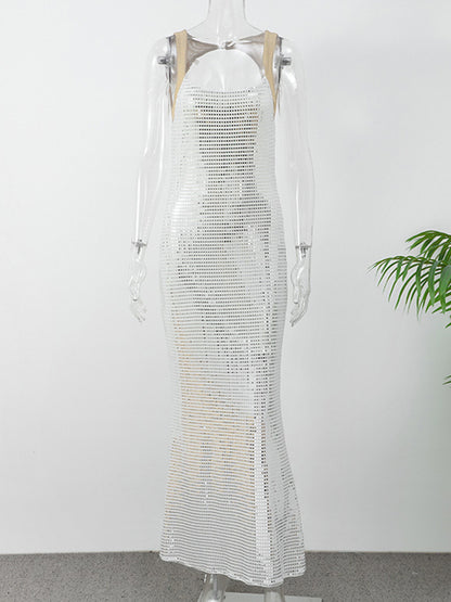 Bodycon Sleeveless See-through Shiny Split-joint Spaghetti-neck Evening Dresses Maxi Dresses