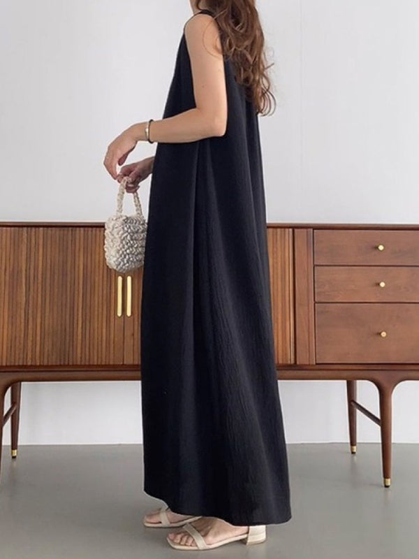 High Waisted Loose Pleated Color Tied Round-neck Maxi Dresses