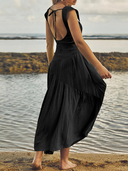 Loose Sleeveless Backless Elasticity Lace-up Pleated Color Split-joint Square-neck Maxi Dresses