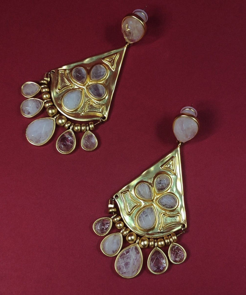 Gold Copper Overgild Crystal Fan-shaped Water Drop Tassel Drop Earrings