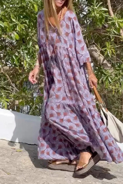 Printed Plunging Half Sleeves Loose Maxi Dresses