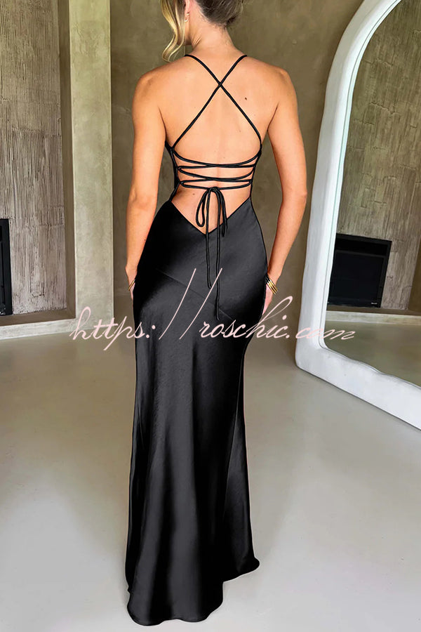 Satin Color Backless Lace Up High Slit Maxi Dress