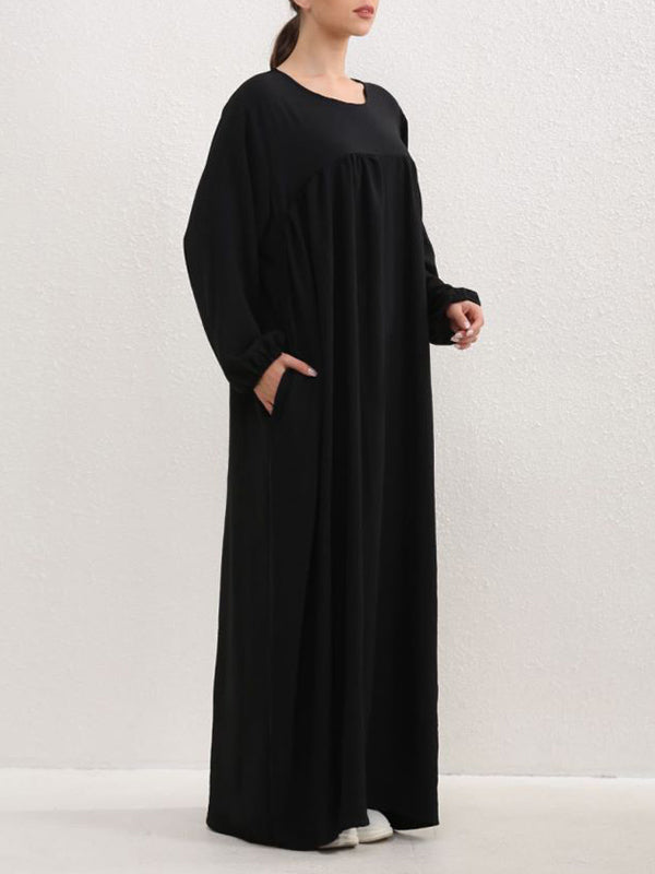 Long Sleeves Loose Pleated Color Split-joint Round-neck Maxi Dresses