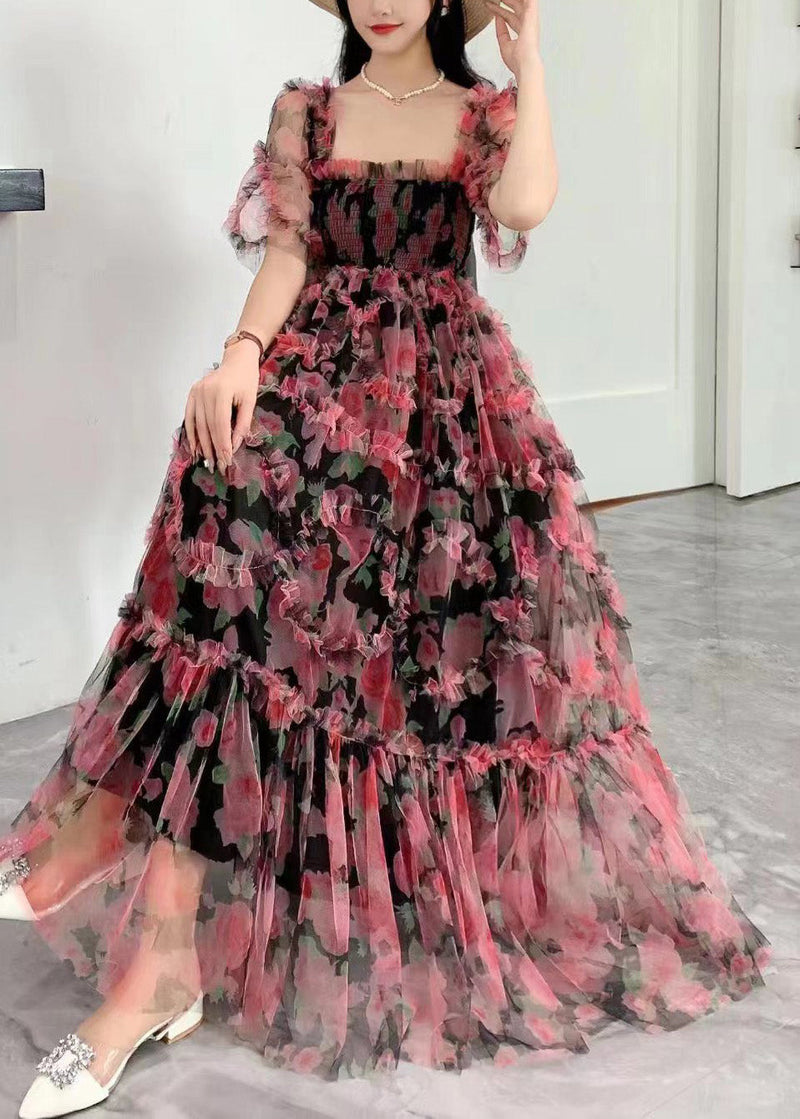 Princess Purple Square Collar Ruffled Print Tulle Long Dress Summer Az1006