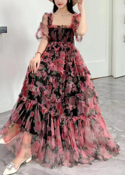 Vogue Black Square Collar Ruffled Print Tulle Long Dress Summer Az1011