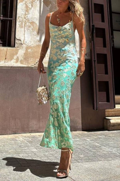 Tie Dye Ombre Gold Print Strappy Maxi Dress