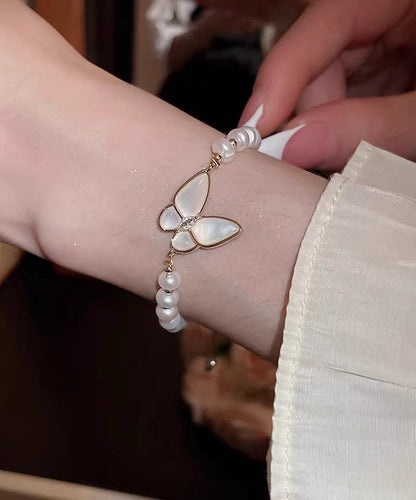 White Copper Alloy Butterfly Pearl Charm Bracelet