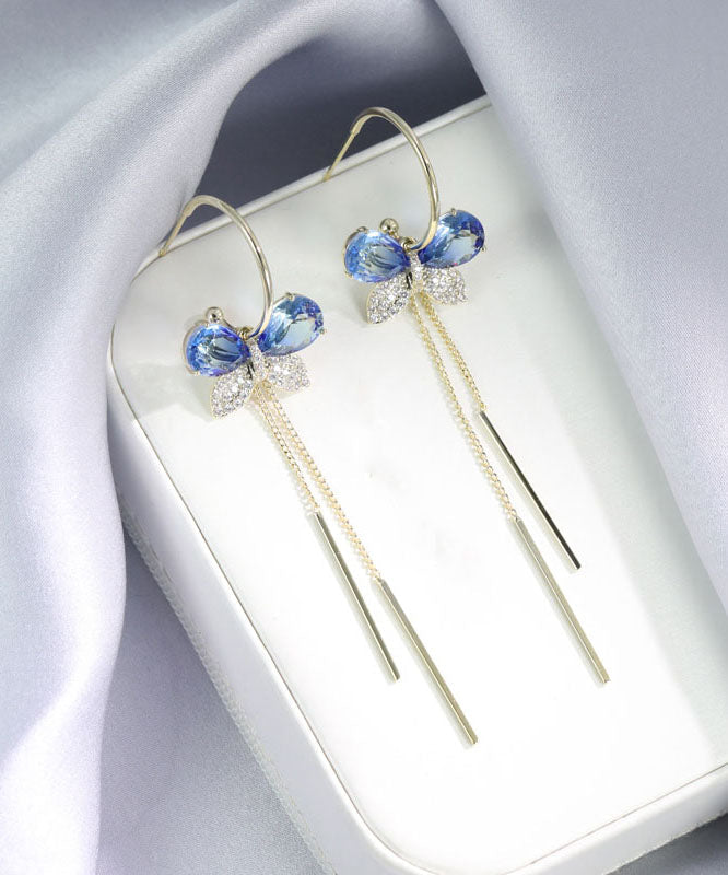 Blue Alloy Zircon Butterfly Tassel Drop Earrings