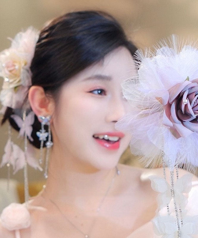 Stylish Pink Fabric Zircon Butterfly Tassel Hairpin