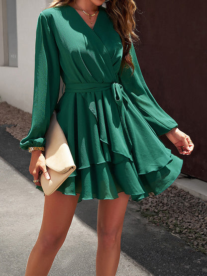 A-line High Waisted Ruffled Color Tied Waist V-neck Mini Dresses