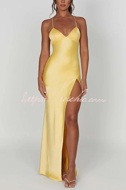 Satin Color Backless Lace Up High Slit Maxi Dress