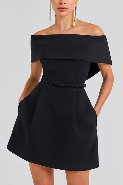 Evening Lapel Bandeau Removable Belt Pocketed Mini Dress