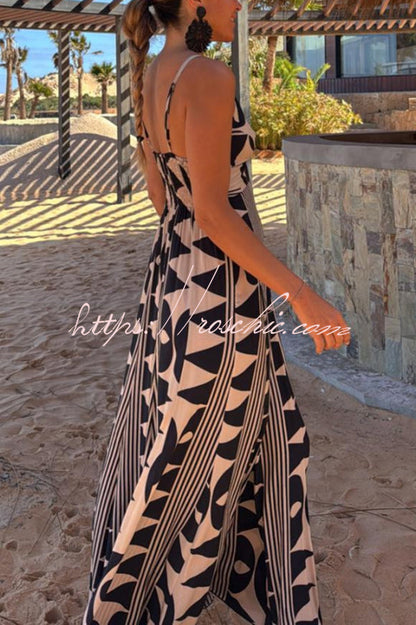 Sabine Geometric Print V-neck Back Smocked A-line Maxi Dress
