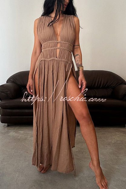 With Elegance Linen Blend Braids Belt Cutout Slit Kaftan Maxi Dress