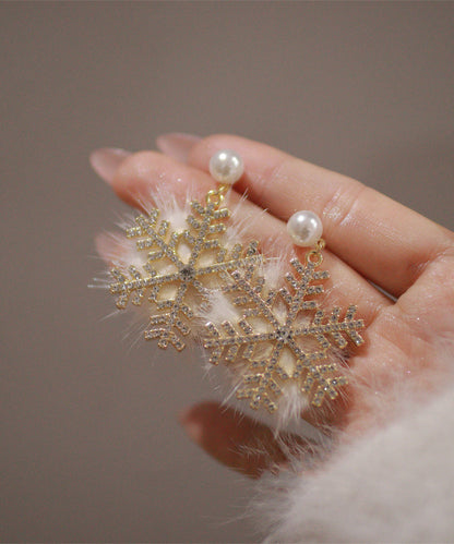 Gold Sterling Silver Mink Velvet Snowflake Drop Earrings