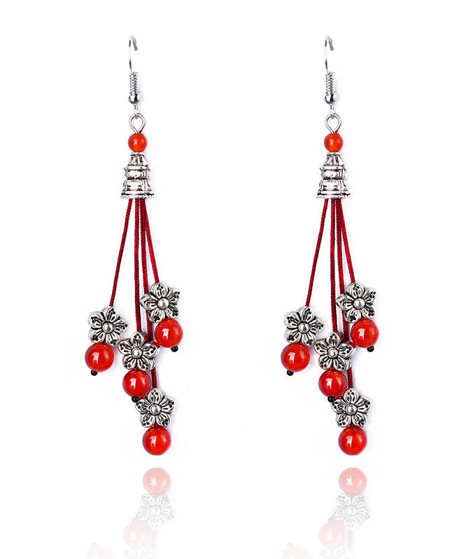 Red Agate Beads Silver Flower Drop Earrings