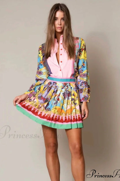Print Blouse and Pleated Skirt Set