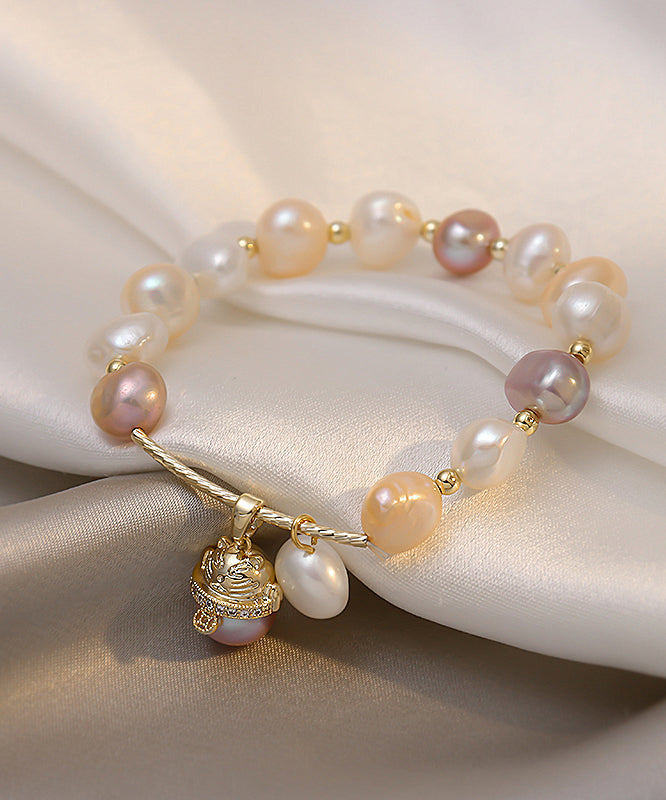White Sterling Silver Overgild Pearl Lucky Cat Charm Bracelet