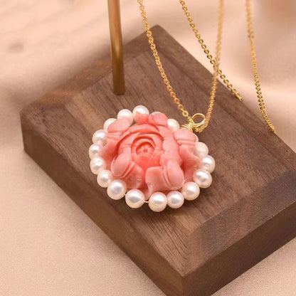 Stylish Red Sterling Silver Overgild Pearl Pendant Necklace