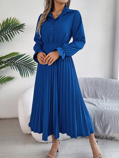 A-line Flared Sleeves Buttoned Elasticity Pleated Color Lapel Maxi Dresses