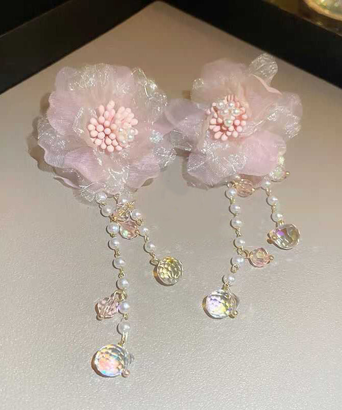 Pink Crystal Pearl Tulle Tassel Drop Earrings