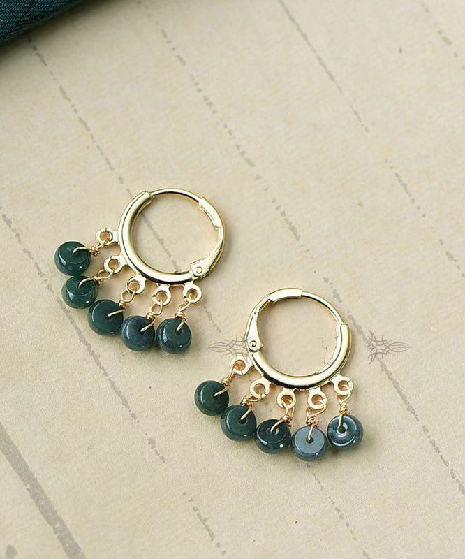 Boutique Blue Jade Tassel 14k Hoop Earrings