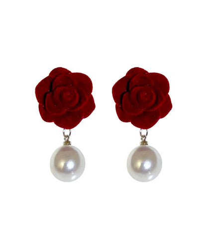 Art Mulberry Flocking Pearl Rose Drop Earrings