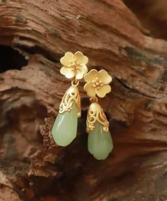 Chinese Style Gold Copper Alloy Jade Water Droplet Drop Earrings