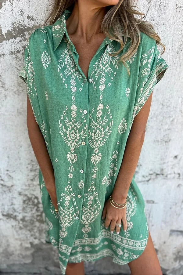 Linen Blend Unique Print Lapel Pocket Mini Dress