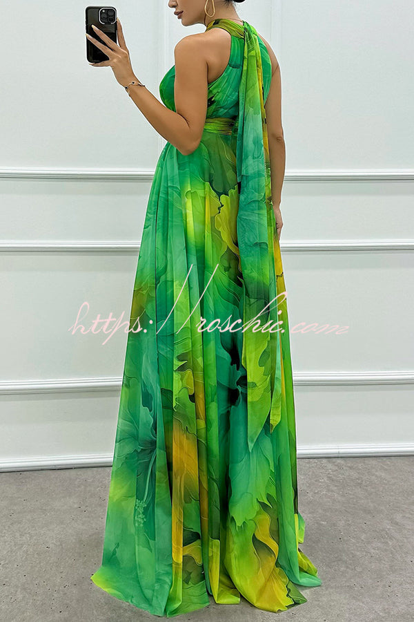 Elaine Tulle Splash Print Cutout Halter Tie-up Neck Gown Maxi Dress