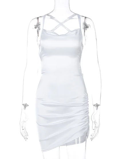 Strap Mini Dress Ruched Lace Up Cross Bandage Backless Bodycon Party Club Christmas Slim