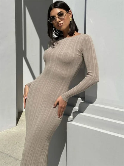 Long Sleeve Slim Knit Maxi Dress for High Waist Party Dress Skinny Summer Female Dress
