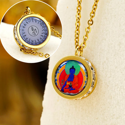 Buddha Stones Tibetan Yellow God of Wealth Green Tara Buddha Serenity Titanium Steel Necklace Pendant
