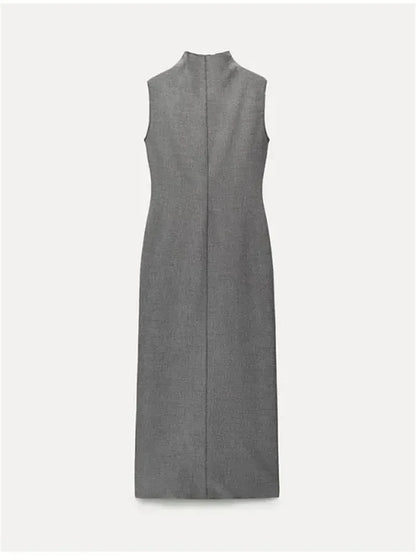 Sleeveless Split Patchwork Long Dress Female Straight Slim High Waist Zipper Maxi Dress Autumn Turtleneck Dress