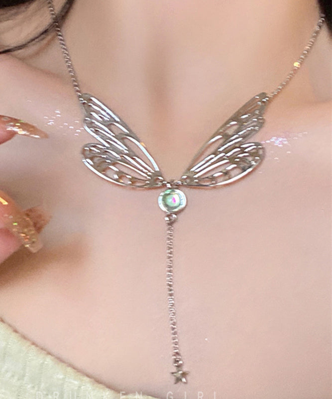 Silk Alloy Gem Stone Butterfly Wing Tassel Pendant Necklace
