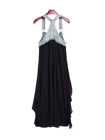 Irregularity Loose Falbala Split-joint Spaghetti-neck Maxi Dresses