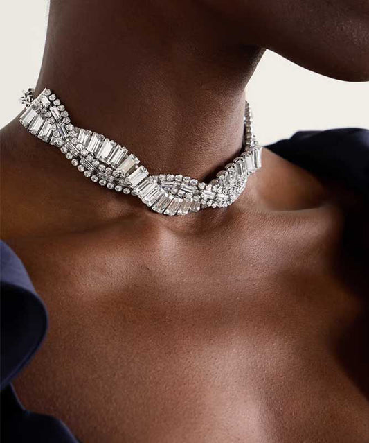Original Design Silvery Zircon Crossover Design Collar Necklace