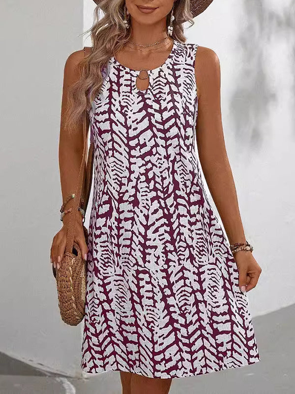A-line Loose Hollow Printed U-neck Mini Dresses