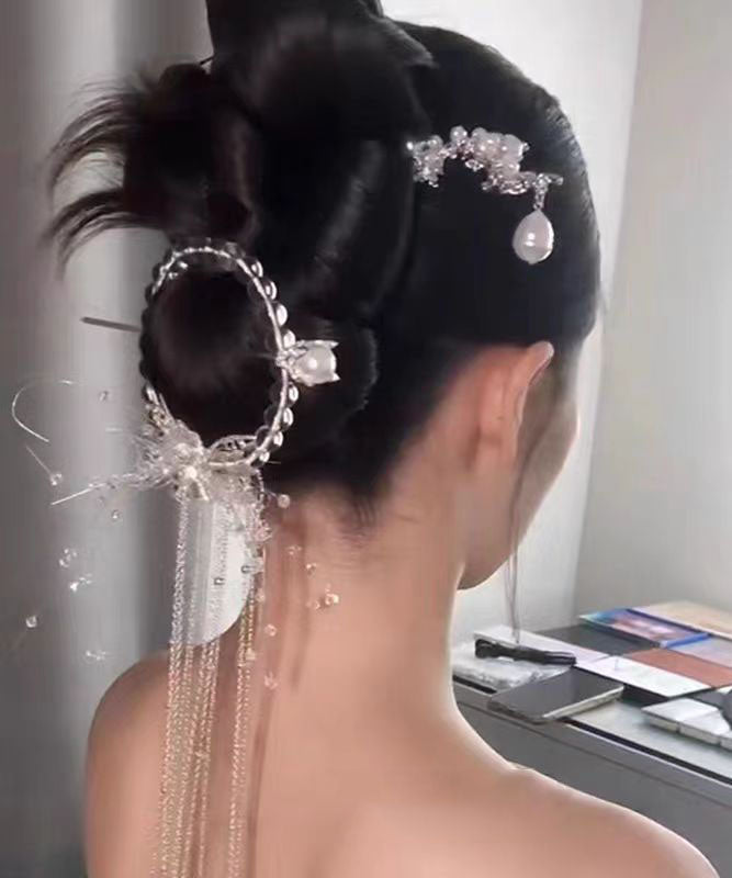 White Alloy Crystal Pearl Tassel Hairpin