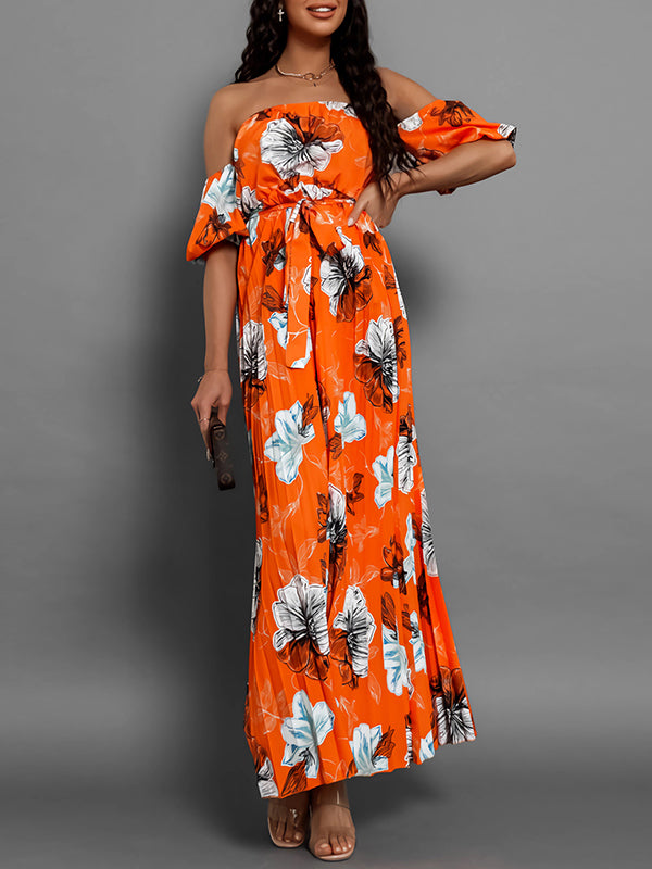 A-line Loose Elasticity Flower Print Pleated Split-joint Tied Waist Off-the-shoulder Maxi Dresses