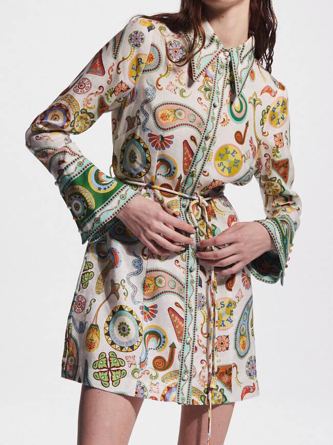 Exquisite and Fashionable Printed Trumpet Sleeve Mini Dress
