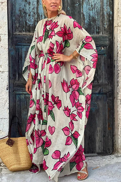 Print Dolman Sleeve Belted Loose Maxi Dress