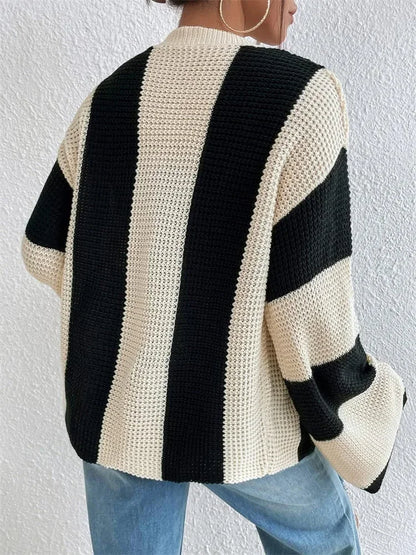 Hollow Out Contrast Cardigan Sweater Knitwear Loose Long Sleeve High Street Outwear Patchwork Female Coat