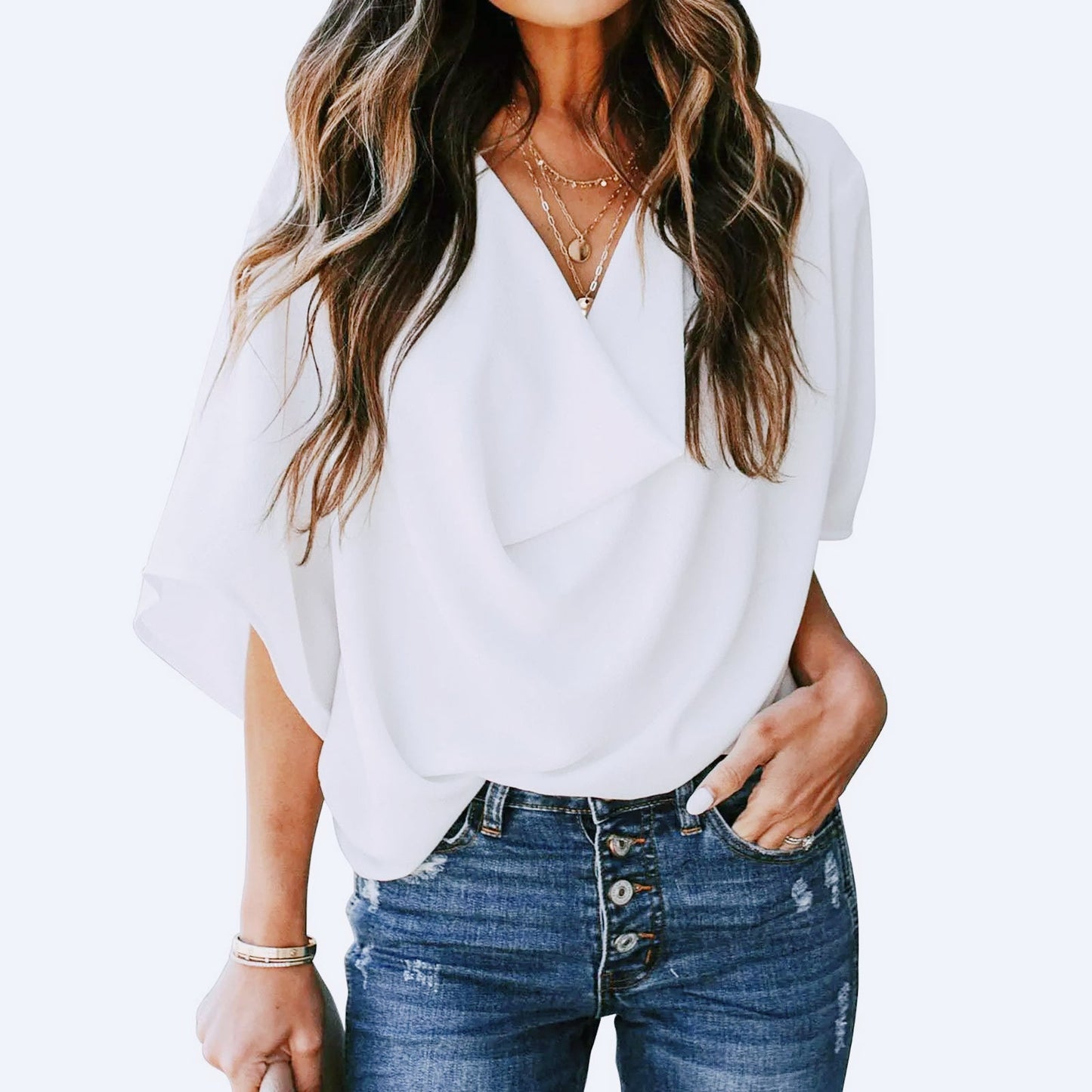 Chiffon V-neck Loose Mid Sleeve Blouse