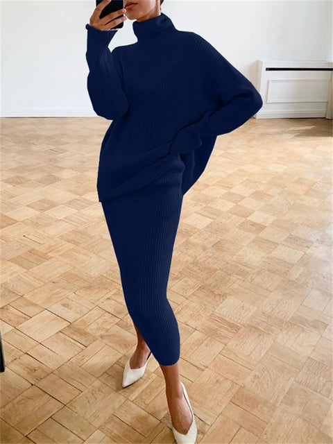 Ribbed Knit 2 Piece Dress Set Outfits Knitwear Top and Midi Skirt Sets for Winter Sweater Sets
