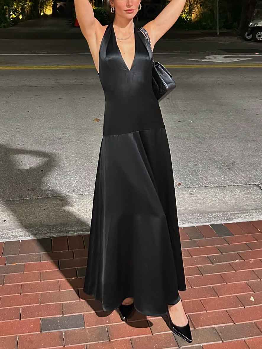 Deep V Neck Halter Maxi Dress