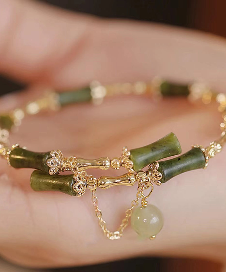 Green Crystal Jade Bamboo Joint Tassel Charm Bracelet